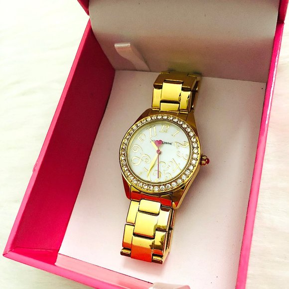 New! Betsey Johnson Rhinestones Heart Watch Gold main image 7